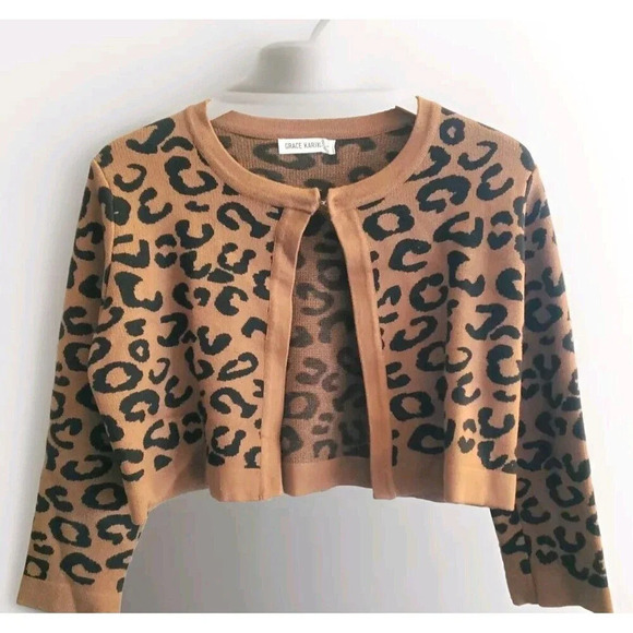 Grace Karin Cardigan Women's Small Brown Leopard Print Open Front Cropped Thick - Picture 1 of 7